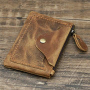 Small Leather Coin Purse Brown Ultra Thin Zipper Card Holder