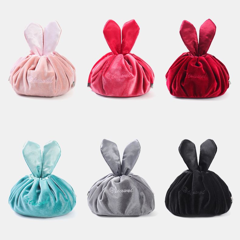 Cute Bunny Ear Drawstring Makeup Bag Embroidery Velvet Storage Bag