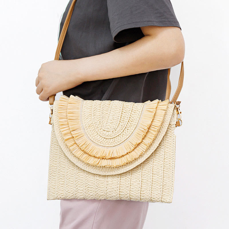 Tassel Beach Clutch for Women Raffia Woven Envelop Bag with Shoulder Strap