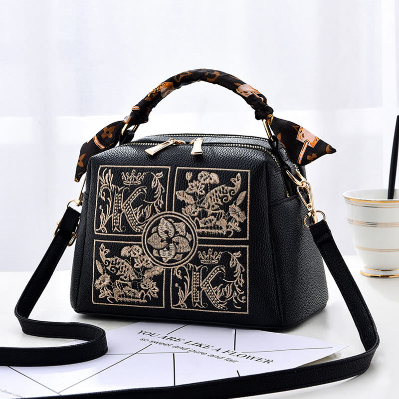 Top-Handle Bag For Women Embroidered Leather Portable Crossbody Shoulder Bag