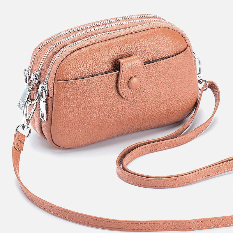 Triple Zip Real Leather Shoulder Bag Casual Crossbody Bag for Women