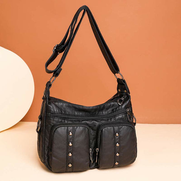 Mulit-Pocket Crossbody Purse for Women Retro Rivets Leather Shoulder Handbag