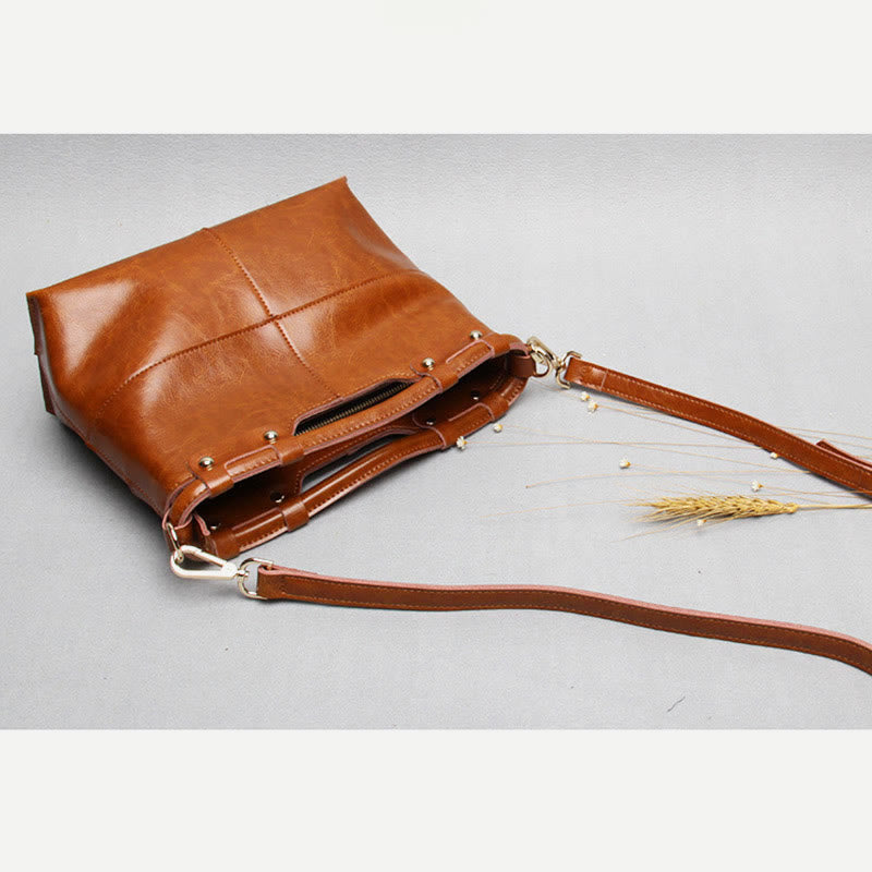 Top-Handle Bag For Women Riveted Cowhide Leather Crossbody Tote Bag