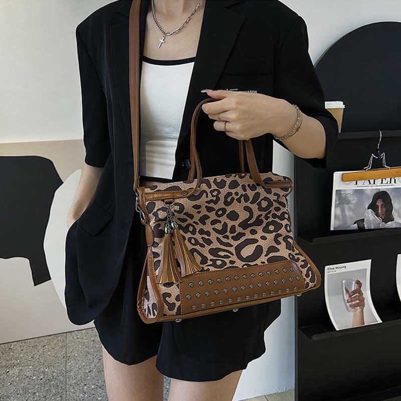 Leopard Print Tote For Women Commuter Rivet Durable Crossbody Bag