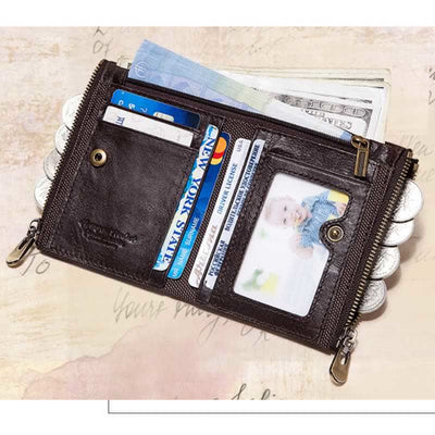 RFID Blocking Bifold Wallet Retro Cowhide Leather Wallet with Chain