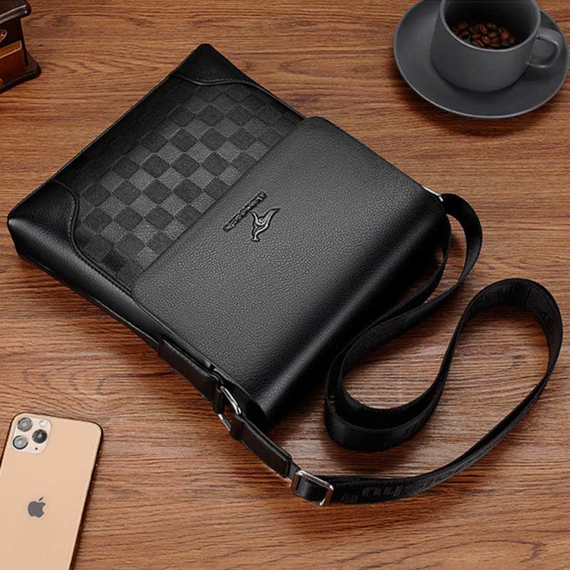 Men's Leather Plaid Small Messenger Bag Business Travel Carry Bag