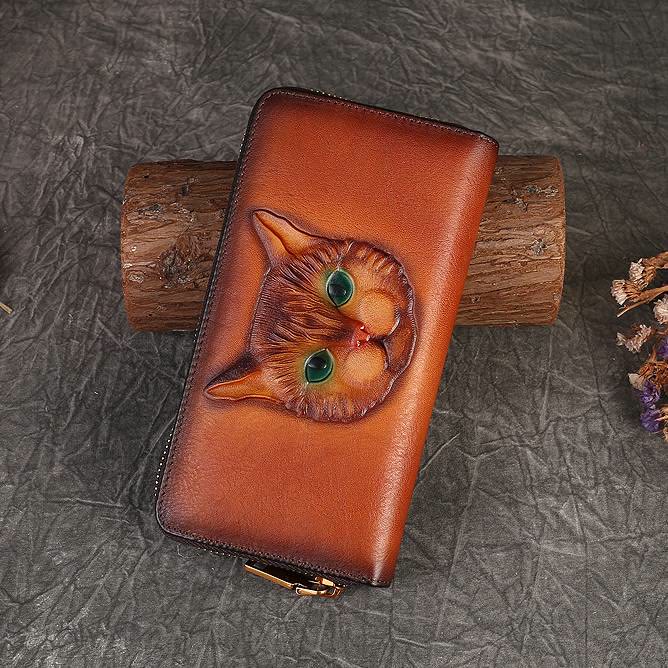 Real Leather Cat Wallet Embossed Multi Slot Clutch Purse