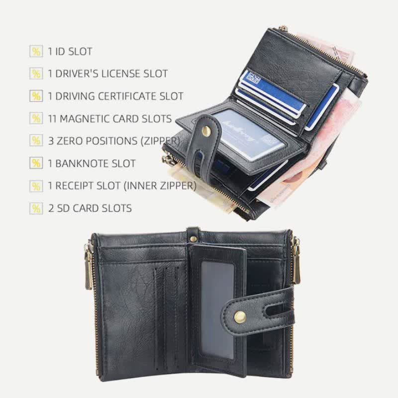 Trifold Leather Wallet for Men Coin Purse Snap Zip Wallet with Chain