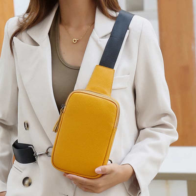 Double Zip Real Leather Sling Bag For Women Waterproof Crossbody Phone Bag