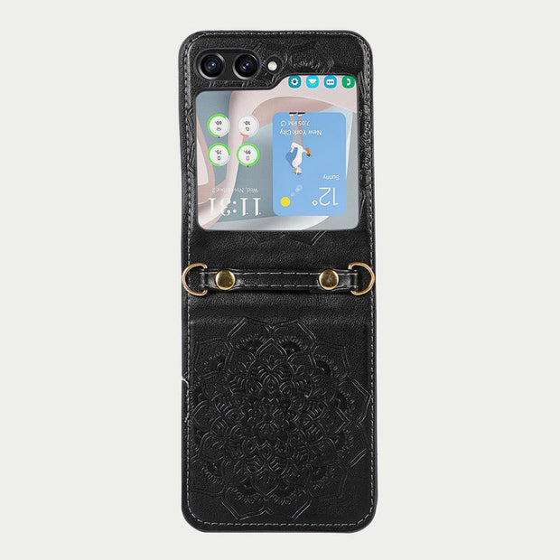 Phone Case For Z Flip5 Flower Pattern Leather Crossbody Case