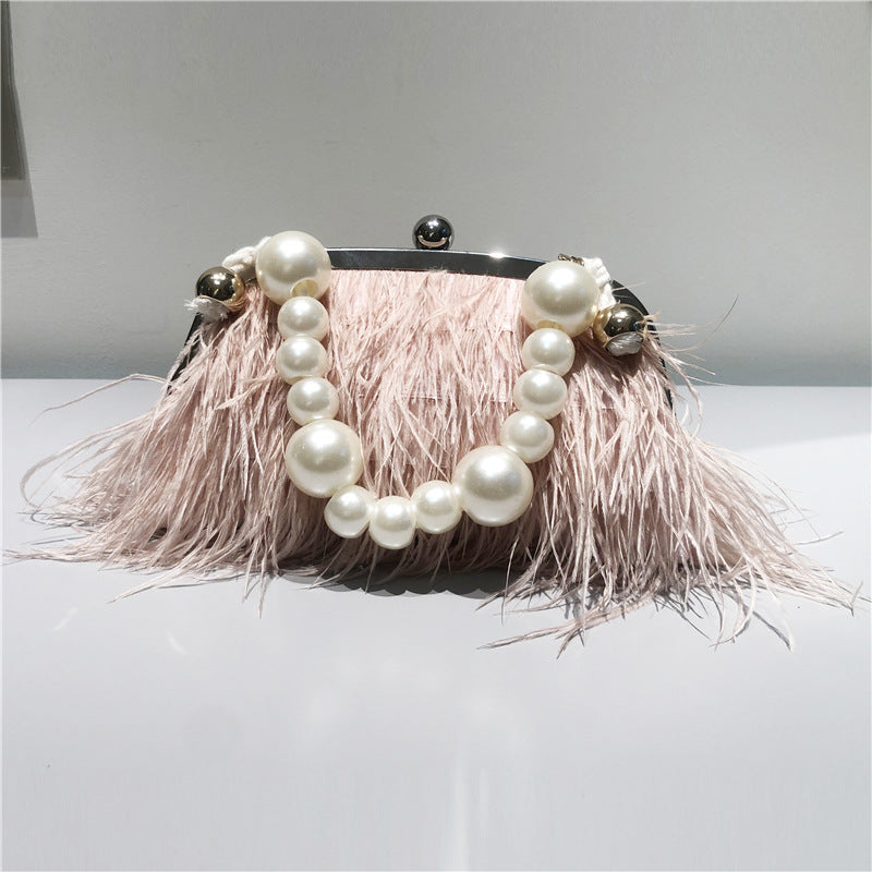 Pearl Chain Crossbody Bag For Women Ostrich Fur Handbag