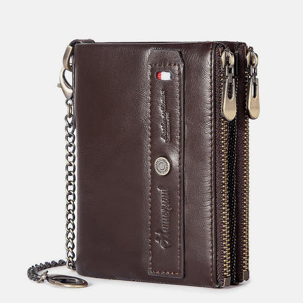Mens Wallet with Chain Leather Bifold Wallet with Double Zipper Pocket