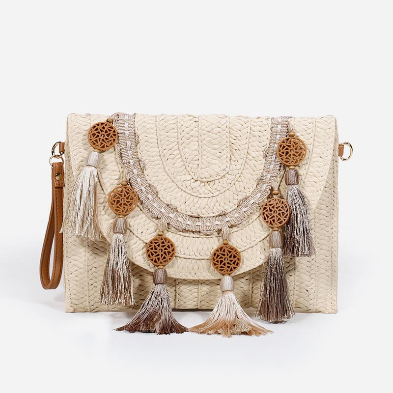 Tassel Beach Clutch for Women Raffia Woven Envelop Bag with Shoulder Strap