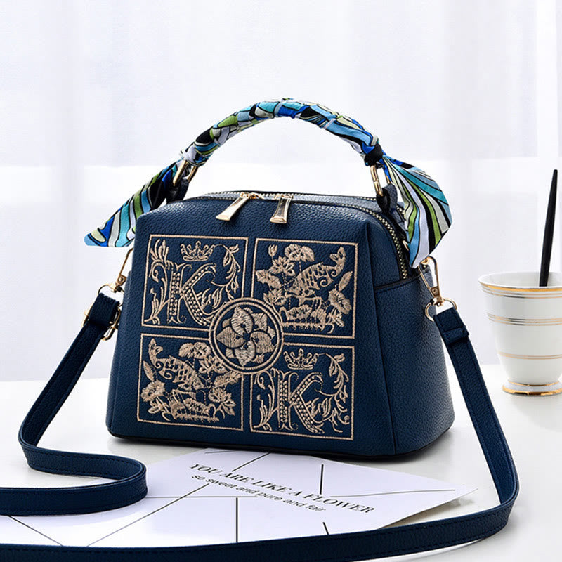 Top-Handle Bag For Women Embroidered Leather Portable Crossbody Shoulder Bag