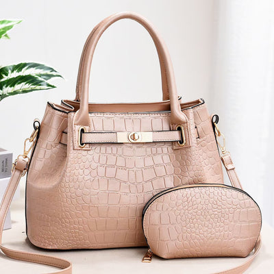 Elegant Bag Set Solid Color Crocodile Print Top Handle Purse