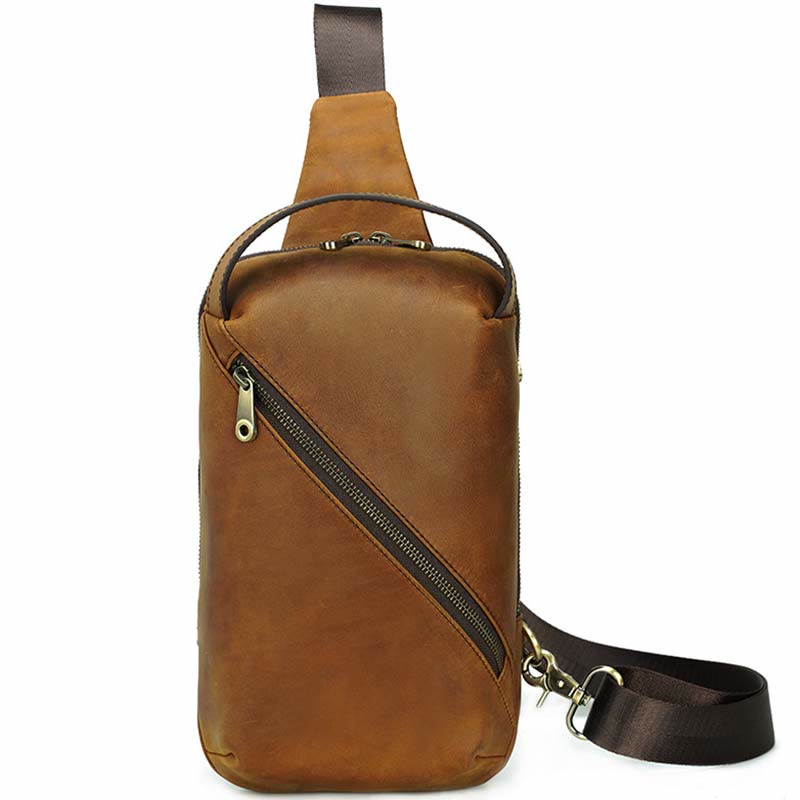 Men's Leather Crossbody Sling Bag Outdoor Travel Chest Bag Shoulder Daypack