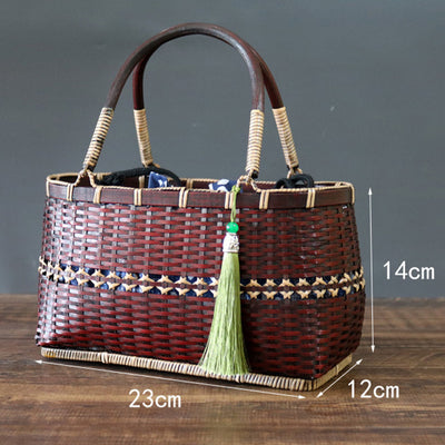 Retro Basket Bag Bamboo Strips Woven Purse Straw Handbag