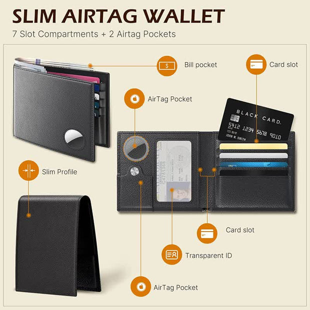Men's Bifold Pocket Wallet Leather Airtag Bifold Minimalist Wallet with AirTag Slots