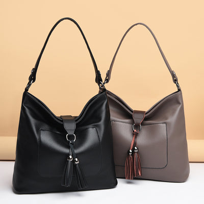 Tassel Tote Elegant Solid Color Leather Purse For Commuter