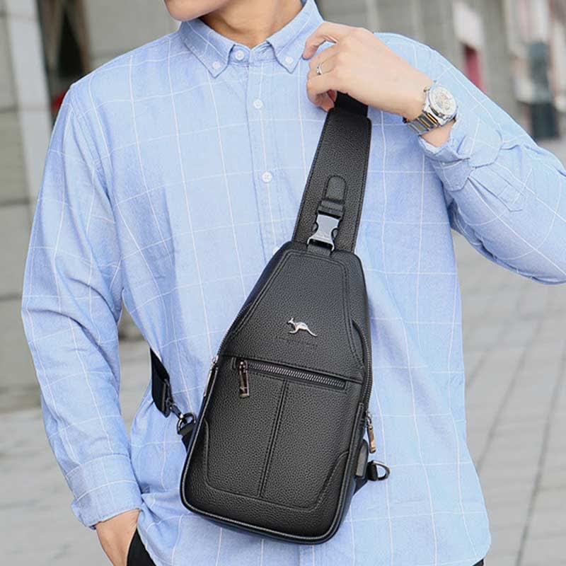 Multiple Pockets Leather Sling Chest Bag for Men with USB Charging Port