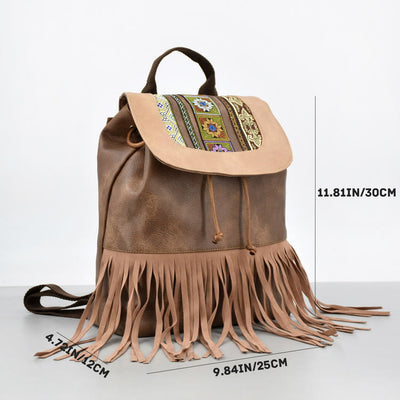 Vintage Tassel Backpack Women Bohemian Drawstring Leather Travel Purse