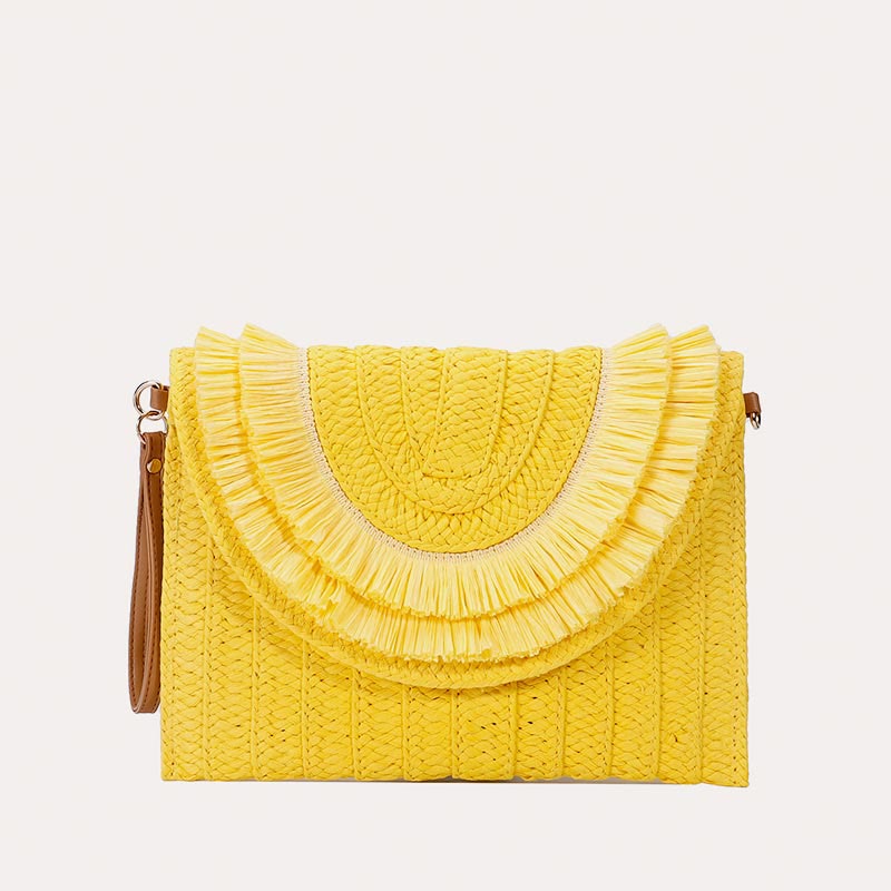 Tassel Beach Clutch for Women Raffia Woven Envelop Bag with Shoulder Strap