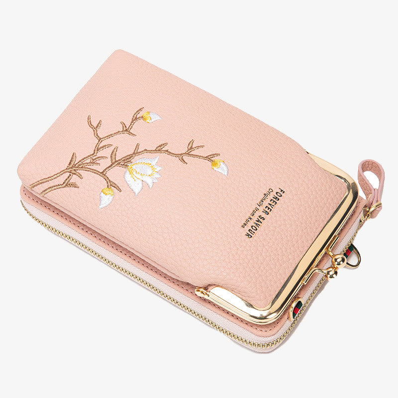 Elegant Embroidered Phone Bag Women Mini Crossbody Leather Purse